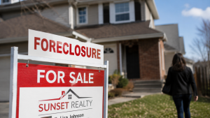 Home with foreclosure sign and person approaching property, illustrating how to defend a possession claim and mortgage repossession process in Queensland