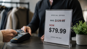 Retail pricing display showing advertised discounts and checkout pricing, illustrating misleading pricing, hidden fees, drip pricing, and Australian Consumer Law compliance risks.