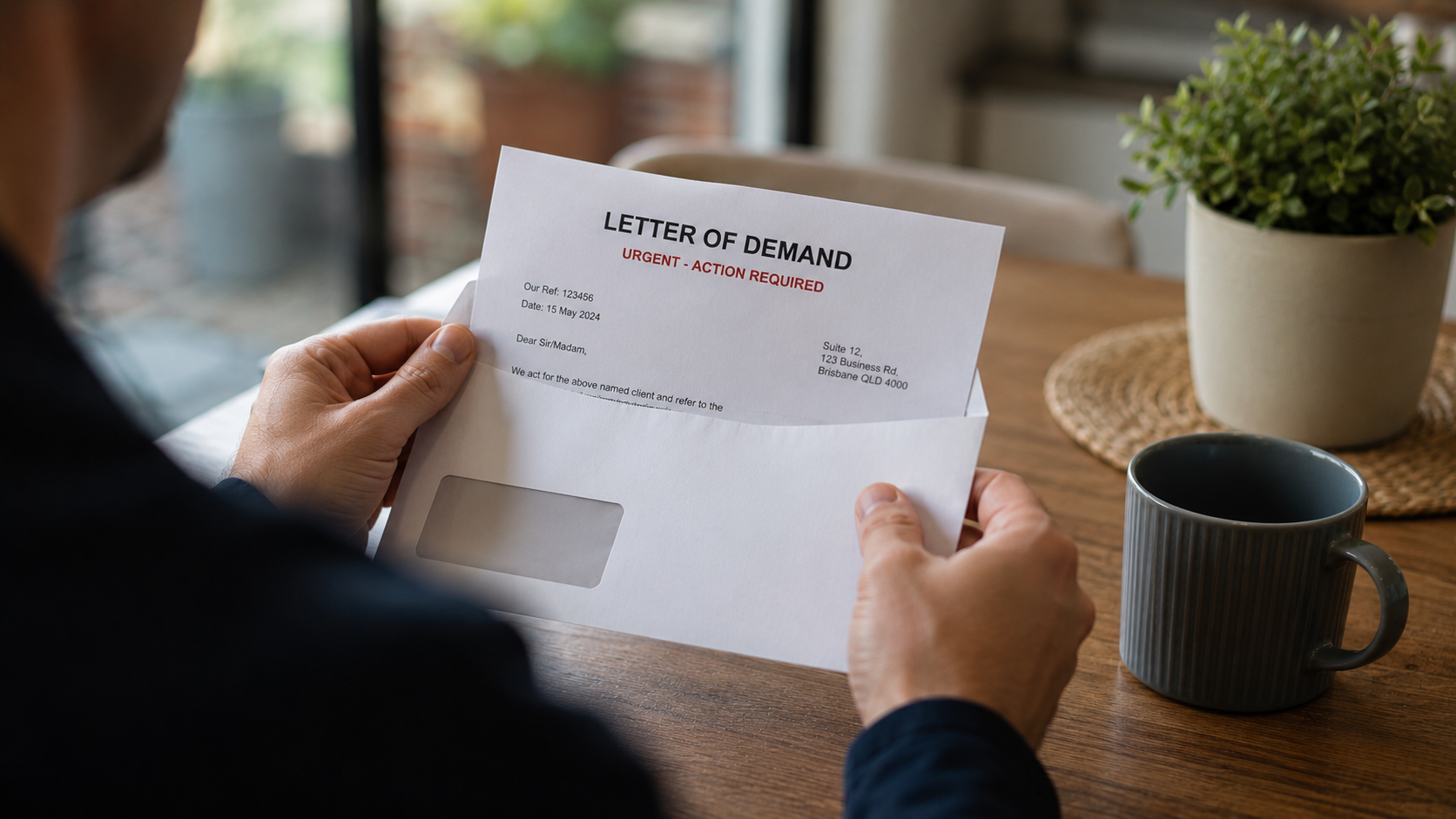 Person receiving a letter of demand at home kitchen table, illustrating legal disputes, debt recovery pressure, and responding to a solicitor’s demand in Queensland.