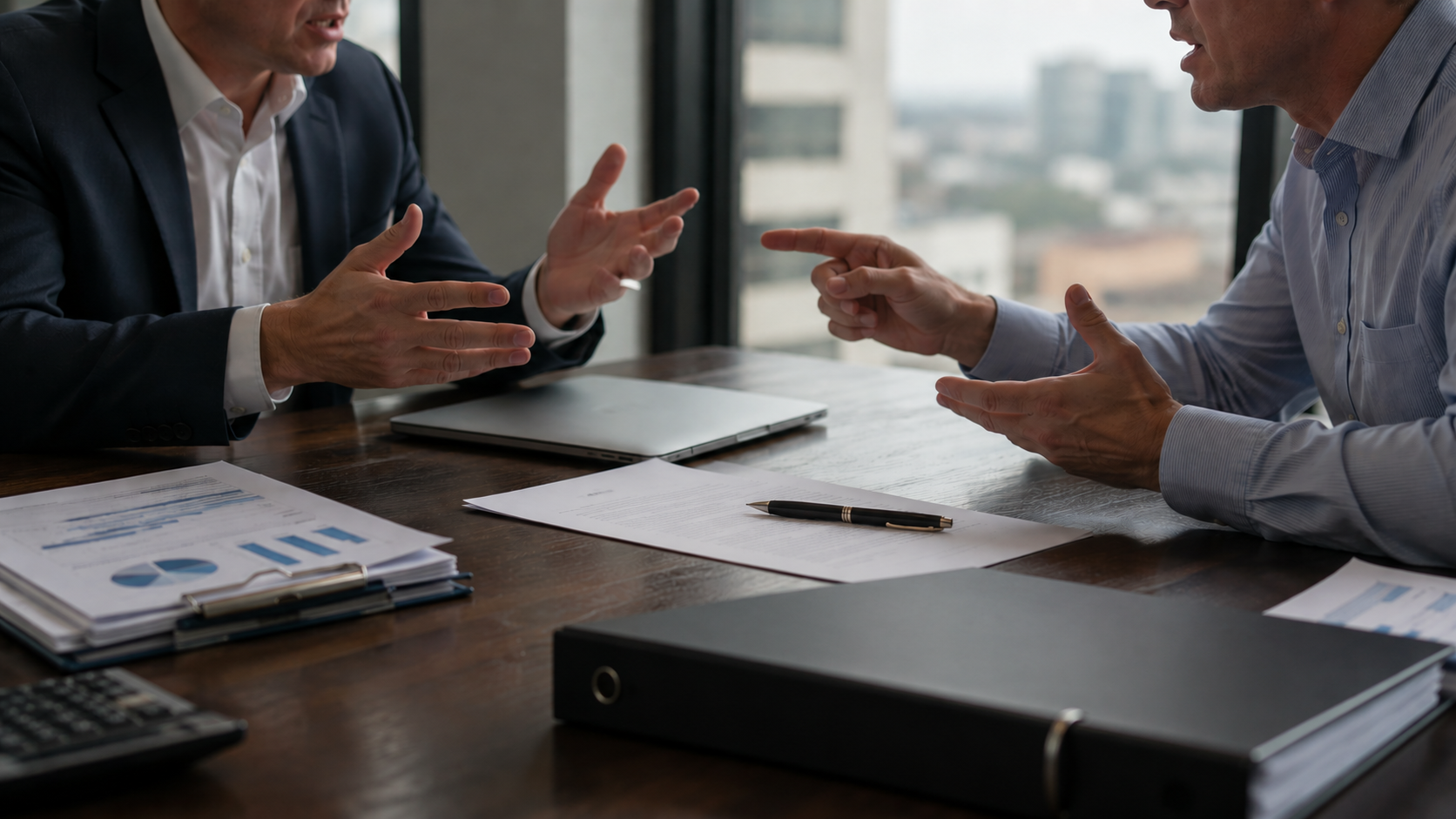 Business dispute over a commercial contract in an Australian office, showing two parties arguing during negotiations about misleading representations and contractual obligations.