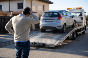 Asset protection and bankruptcy scene showing a person watching a vehicle repossession, illustrating creditor recovery, insolvency pressure, and asset protection risks in Australia.