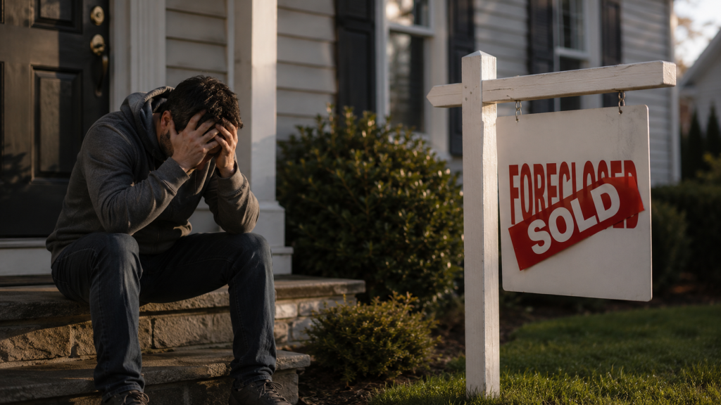 Distressed homeowner sitting outside a foreclosed and sold property after a mortgage sale in Australia, illustrating repossession, shortfall debt, and mortgage enforcement consequences.