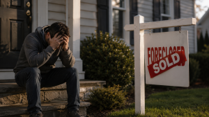 Distressed homeowner sitting outside a foreclosed and sold property after a mortgage sale in Australia, illustrating repossession, shortfall debt, and mortgage enforcement consequences.