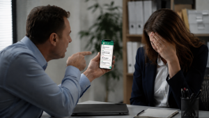 Employee confronting a distressed coworker in an office while displaying defamatory WhatsApp group chat messages on a phone, illustrating workplace defamation in private workplace communications.