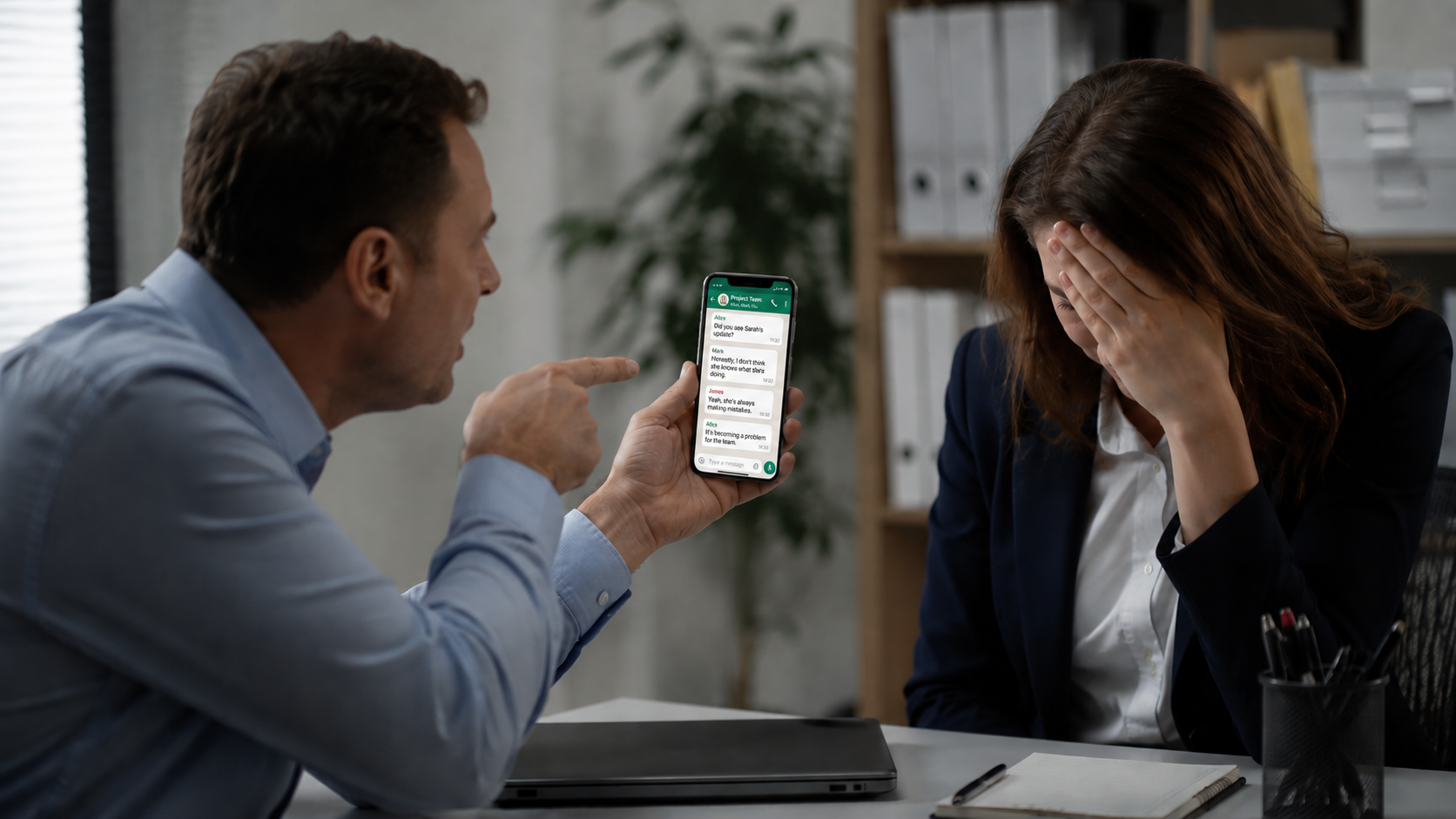 Employee confronting a distressed coworker in an office while displaying defamatory WhatsApp group chat messages on a phone, illustrating workplace defamation in private workplace communications.