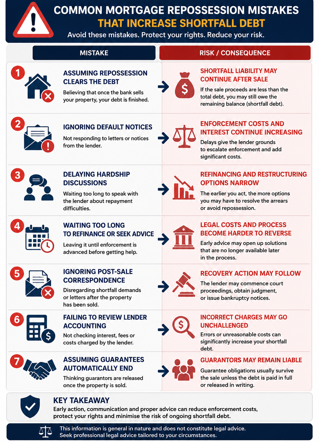 Mortgage sale and repossession mistakes infographic explaining shortfall debt risks, lender enforcement costs, guarantor liability, and recovery action after sale.