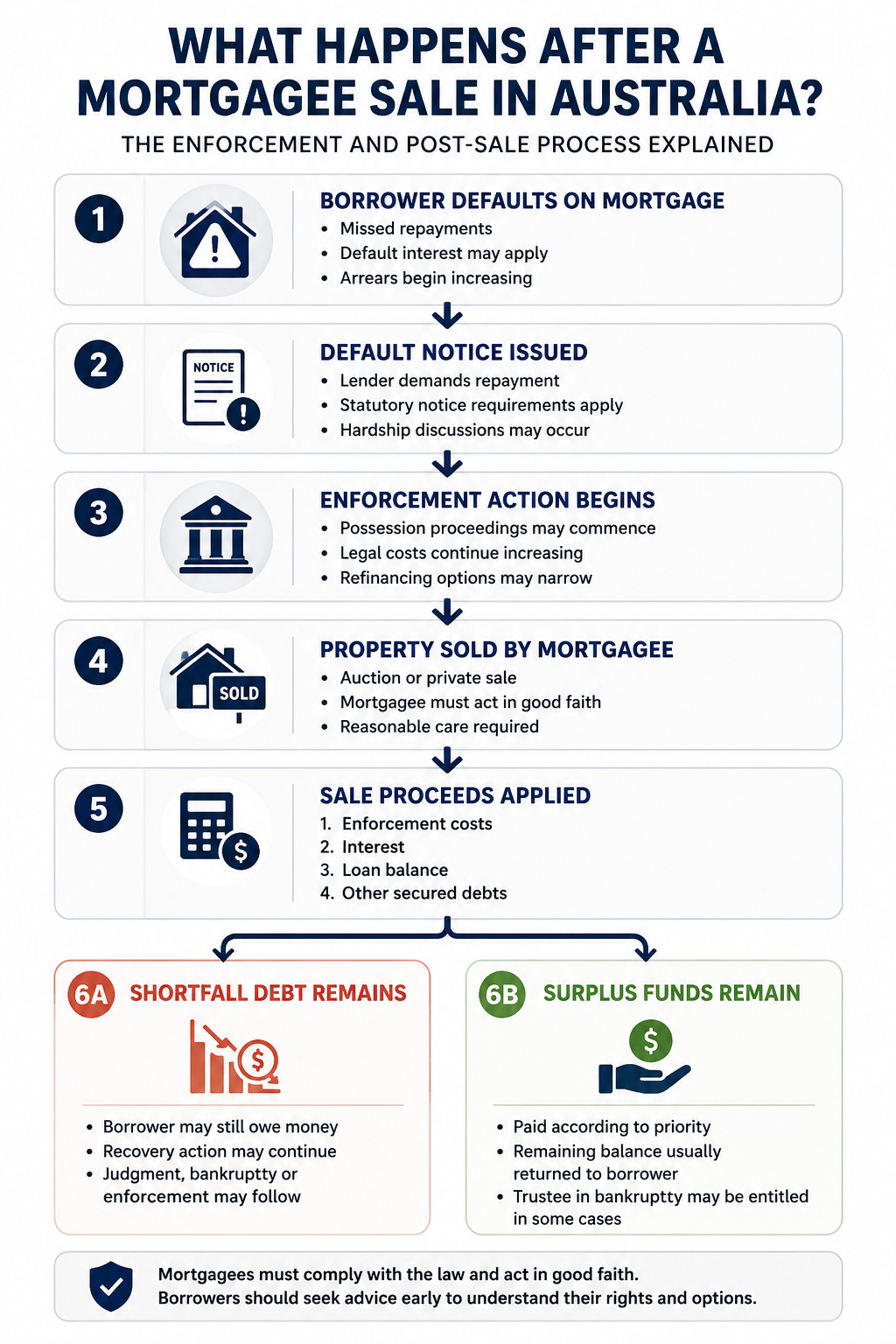 Mortgage sale process in Australia infographic showing borrower default, repossession, mortgagee sale, shortfall debt, surplus funds, and post-sale liability.