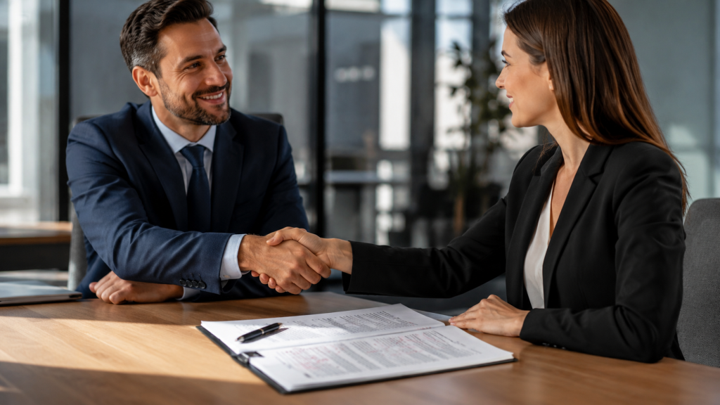 Two business professionals shaking hands over contract documents in a modern office, illustrating successful contract renegotiation and safe agreement variation after signing.