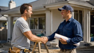 Builder and homeowner shaking hands outside a residential renovation site, illustrating a verbal contract agreement for building work in Queensland.