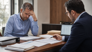 Distressed company director being questioned in an office about financial records and transactions, illustrating voidable transactions, liquidator scrutiny, and director risk in Australia.