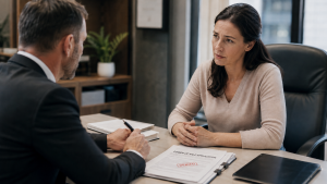 Borrower in a tense office meeting about a denied power of sale application, illustrating options to stop a mortgage sale in Queensland.