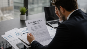 Bankrupt business owner reviewing a bankruptcy notice in an office, illustrating the legal risks and restrictions when trying to run a business while bankrupt.